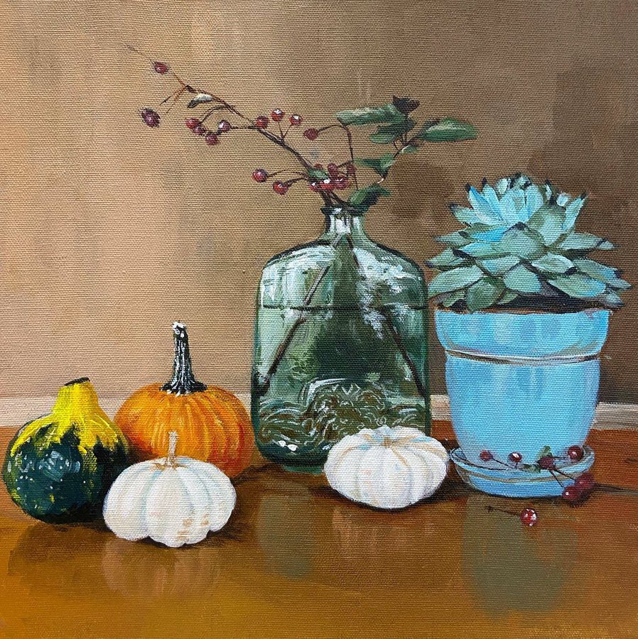 Still life of gourds, a glass jar and a succulent