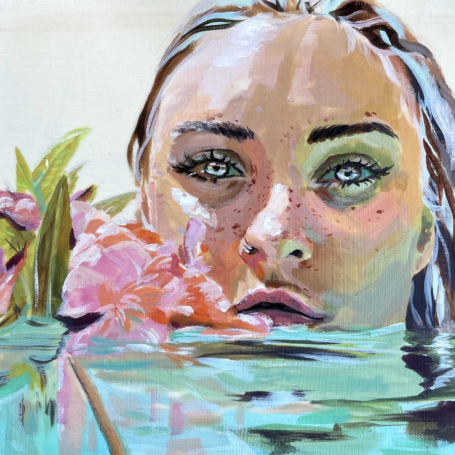A face rising from water among flowers