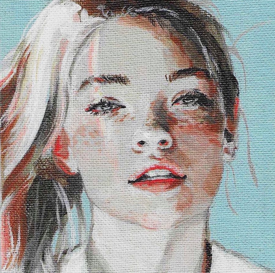 Close-up portrait in soft blues and pinks