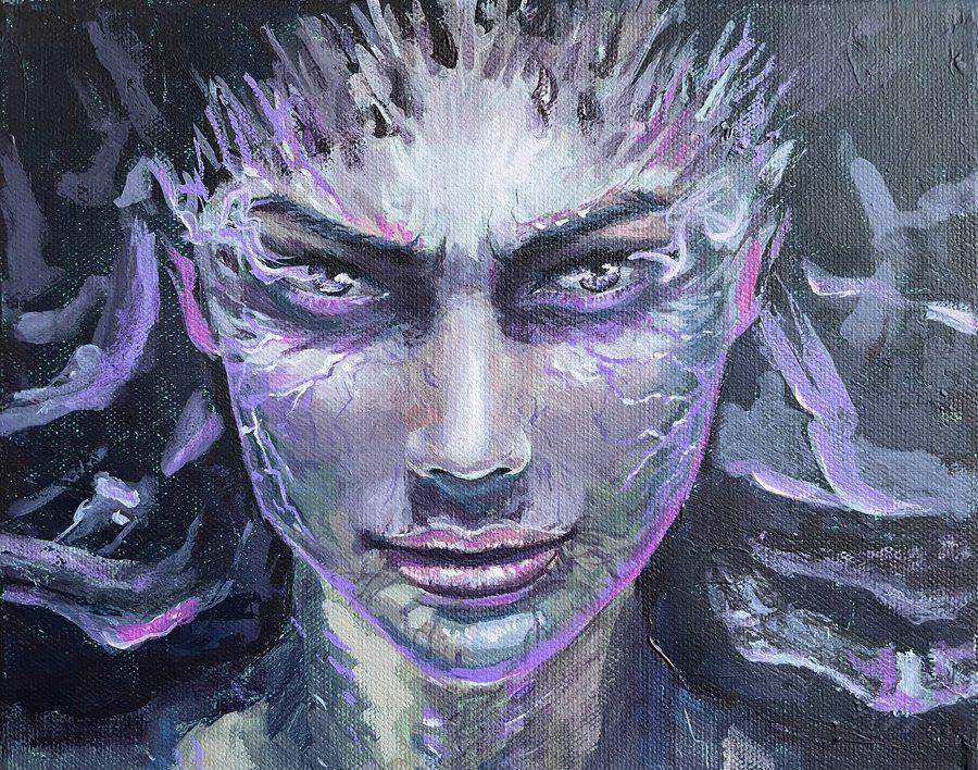 A fierce face with glowing purple markings