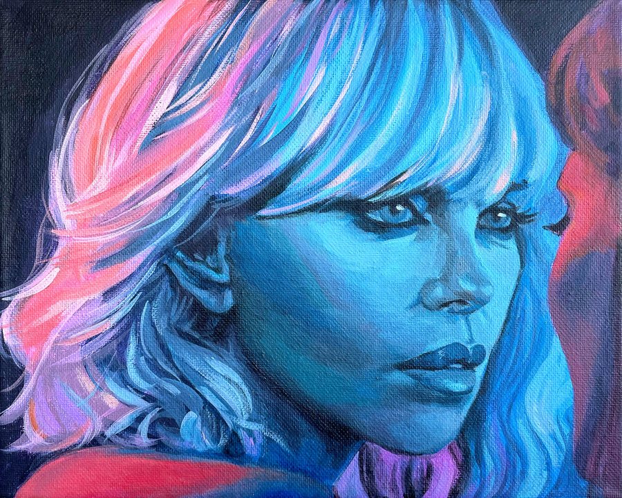 Portrait with pink and blue hair, lit in blue