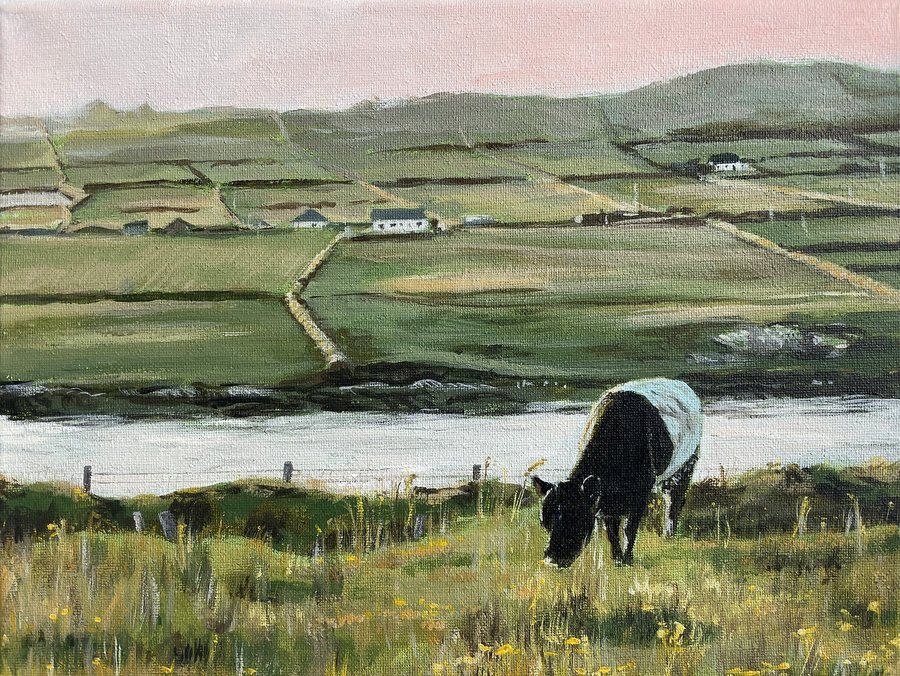Irish countryside with a cow grazing by the water