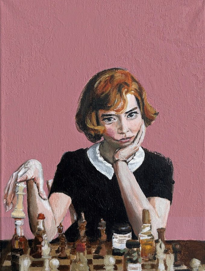 A red-haired woman at a chessboard on a pink background